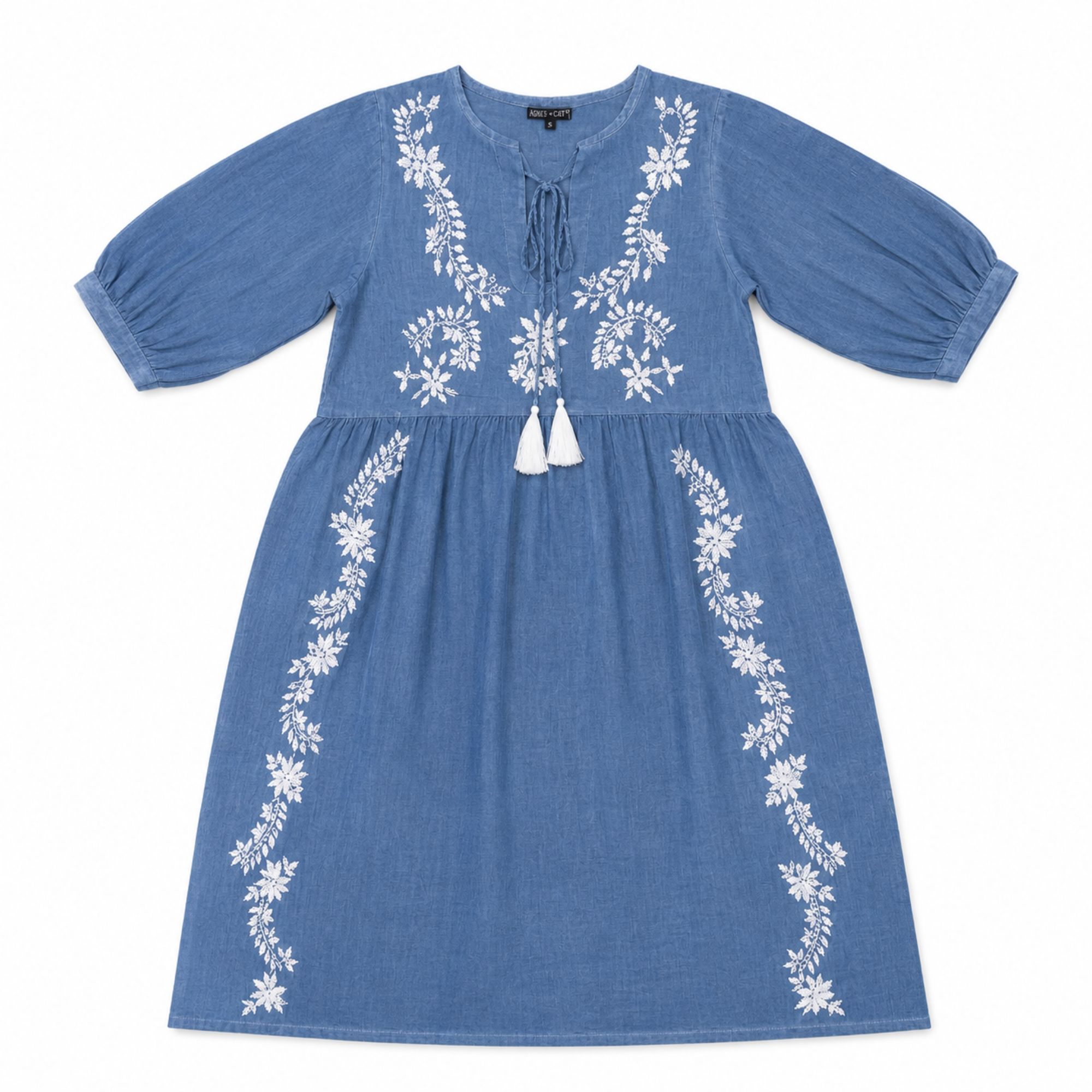 Nomad Sari On the Med Collection - Dress - Dusky Blue with Embroidery & Tassels (M-L)