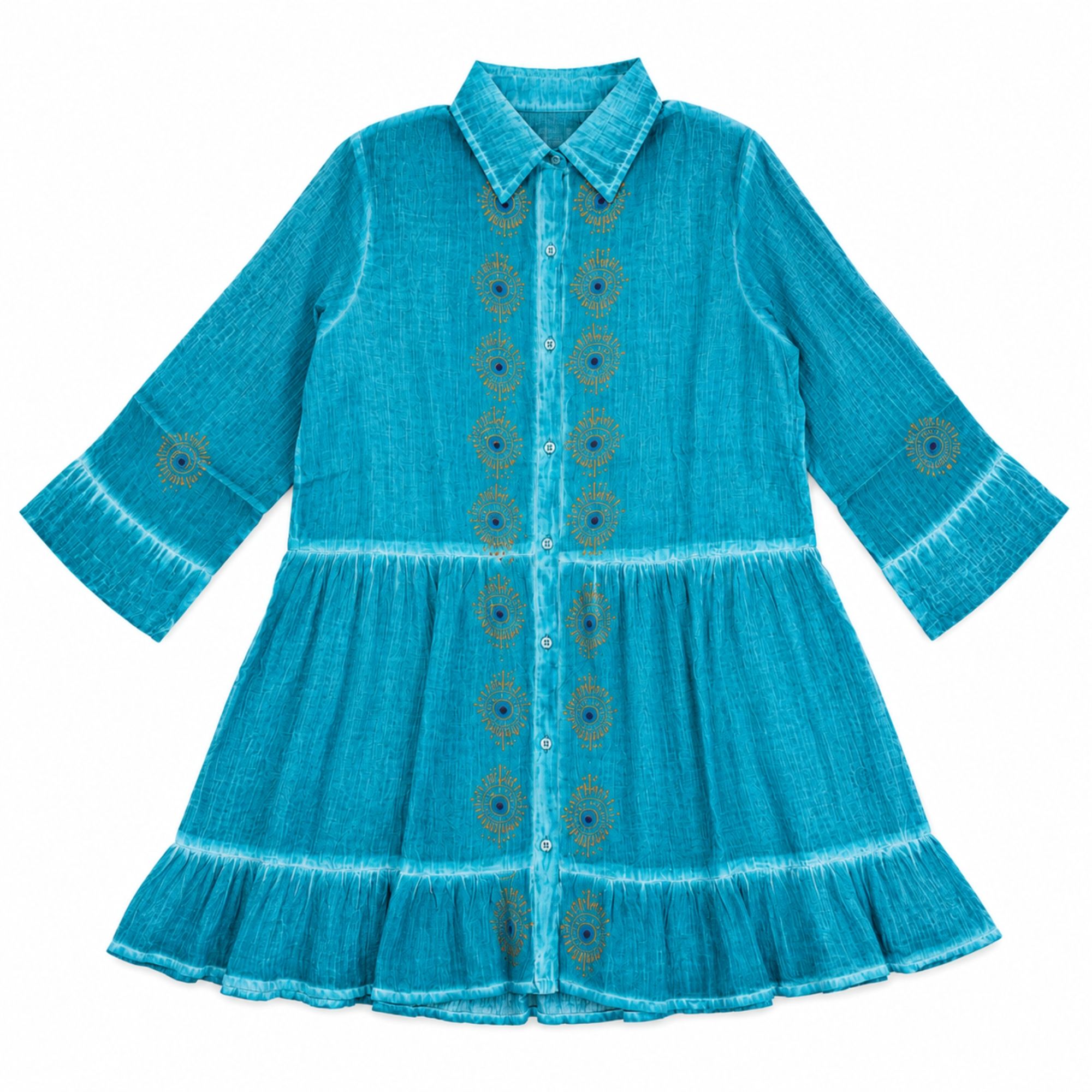 Nomad Sari On the Med Collection - Tunic Dress - Turquoise with Evil Eye Block Print (M-L)