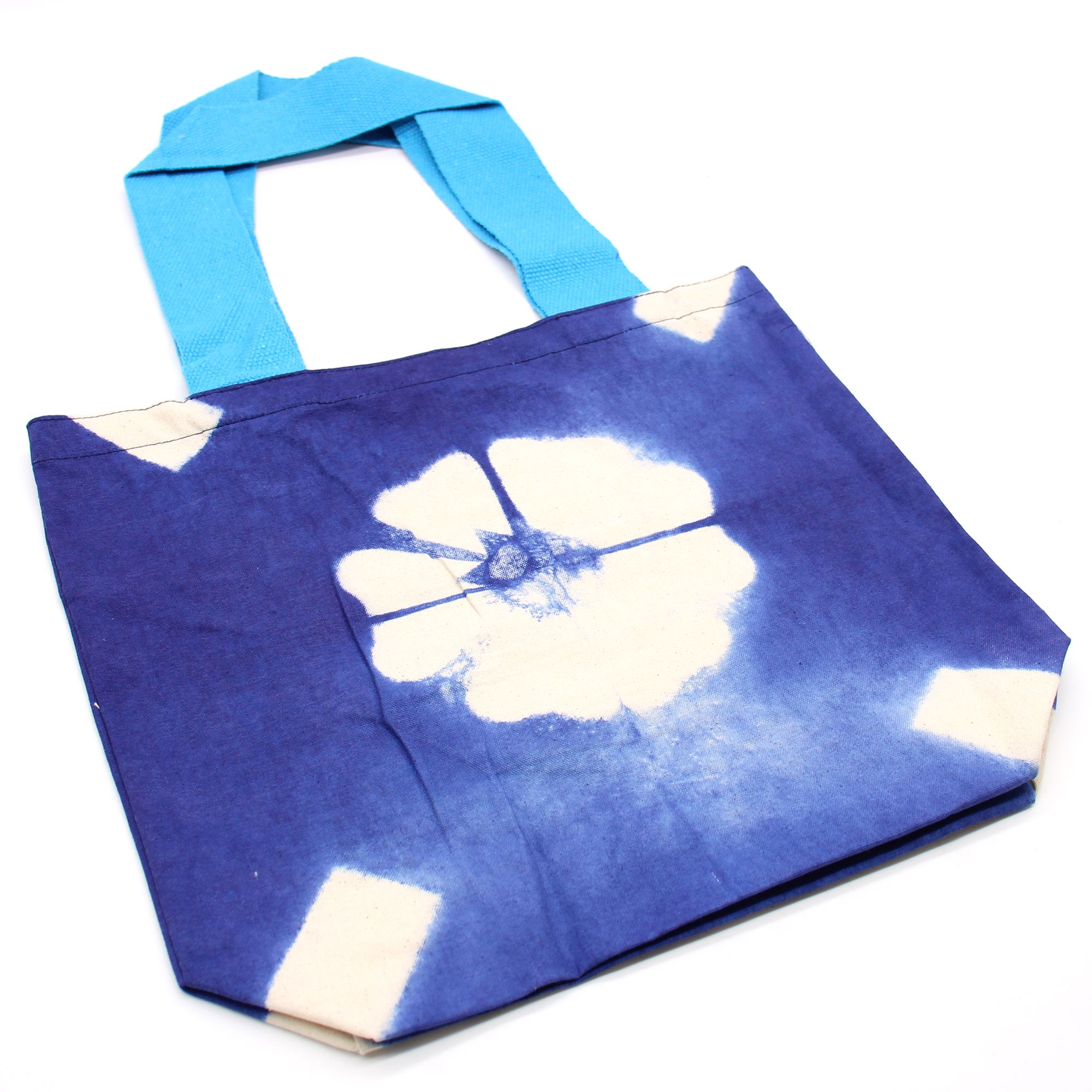 Natural Tye-Dye Cotton Bag (8oz) - 38x42x12cm - Blue Flower - Blue Handle