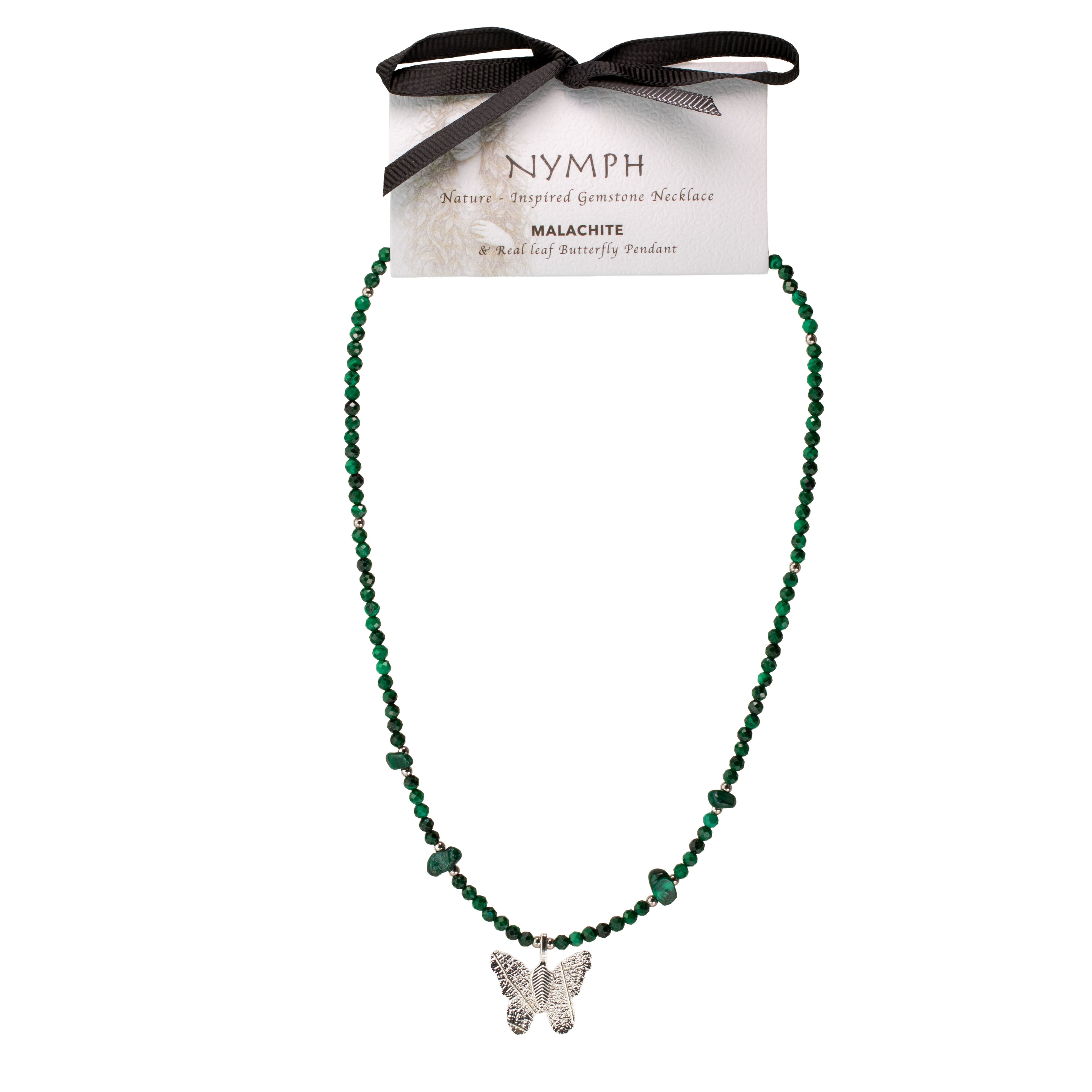 Nymph Malachite Gemstone Necklace with Real Leaf Butterfly Pendant