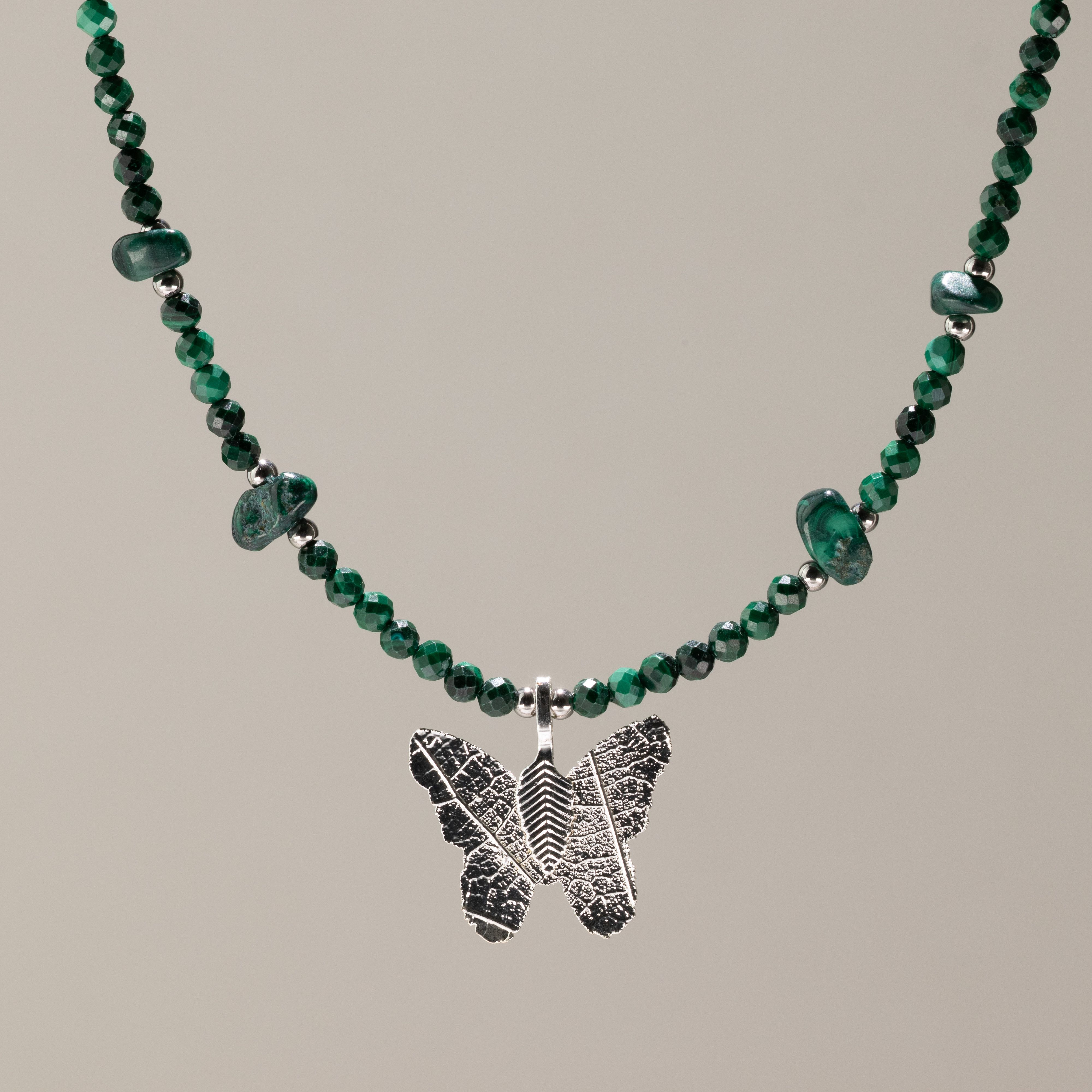 Nymph Malachite Gemstone Necklace with Real Leaf Butterfly Pendant