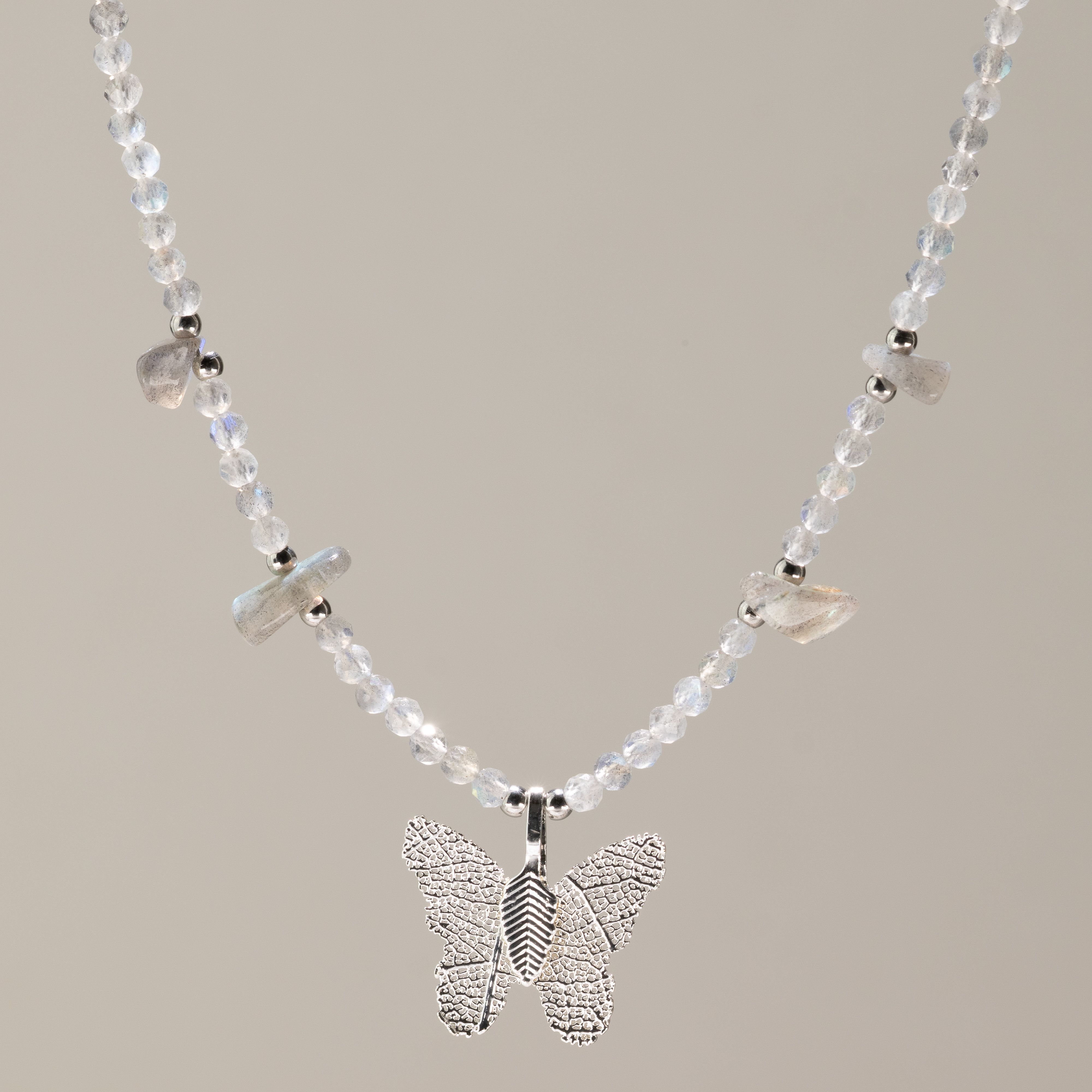 Nymph Labradorite Gemstone Necklace with Real Leaf Butterfly Pendant