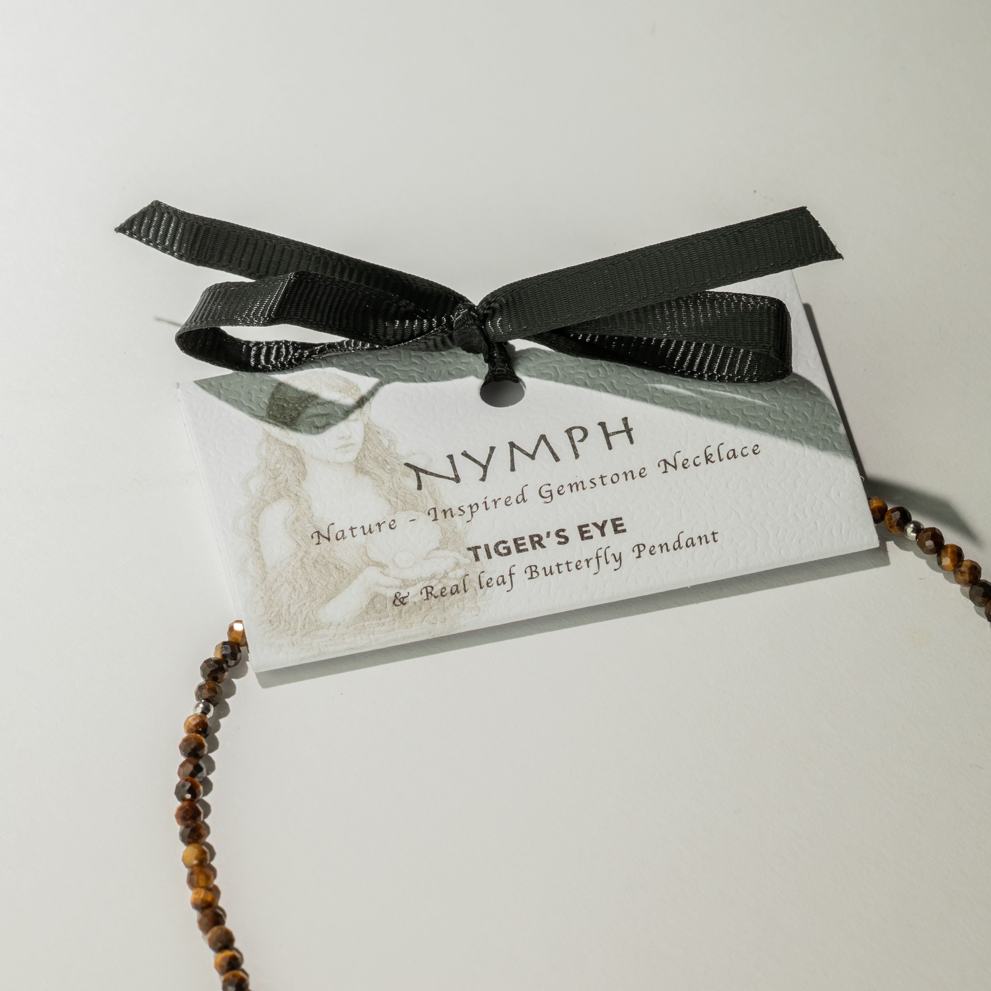 Nymph Tiger's Eye Gemstone Necklace with Real Leaf Butterfly Pendant