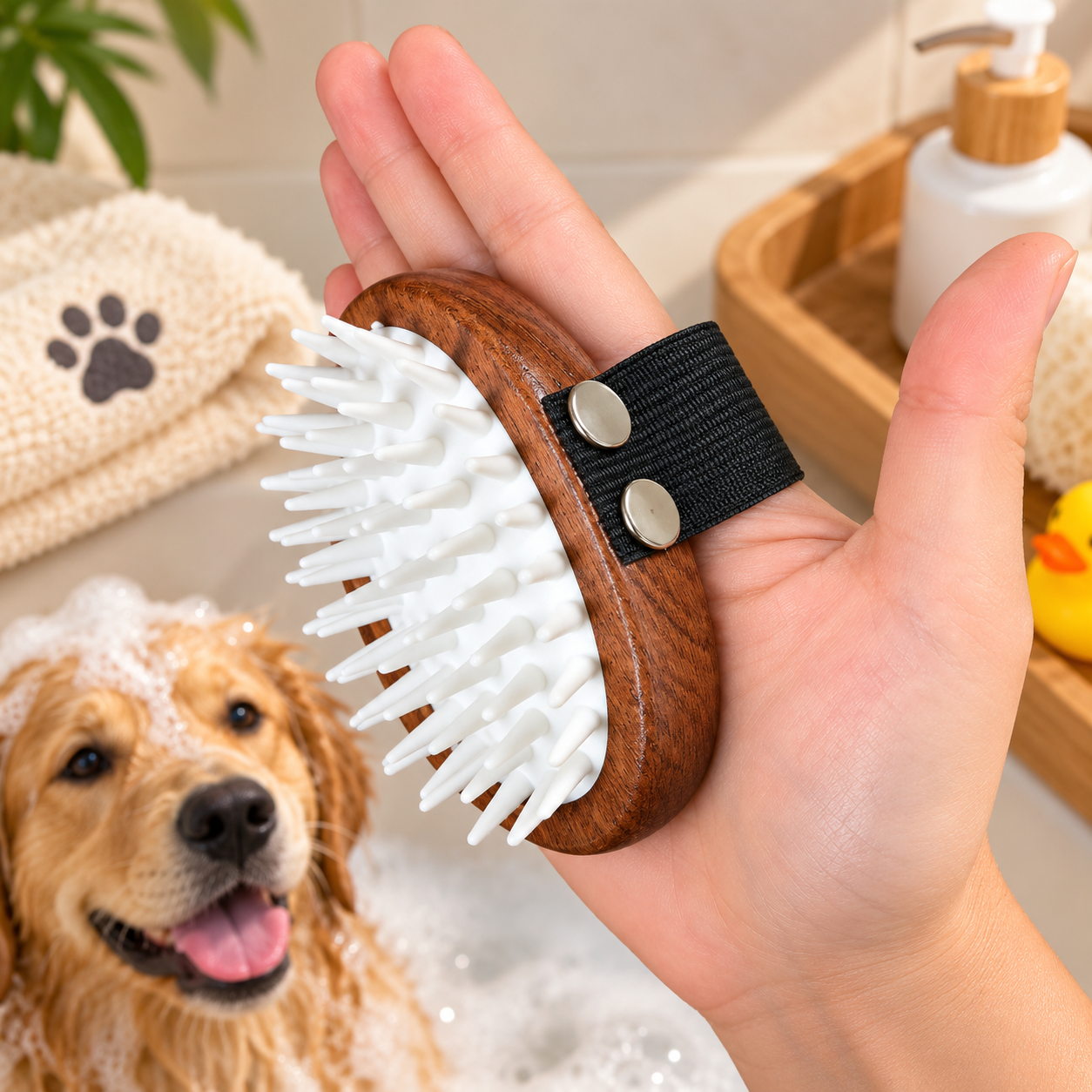 PAW Grooming Tools - Scrub and Soft Rubber Massage - Walnut