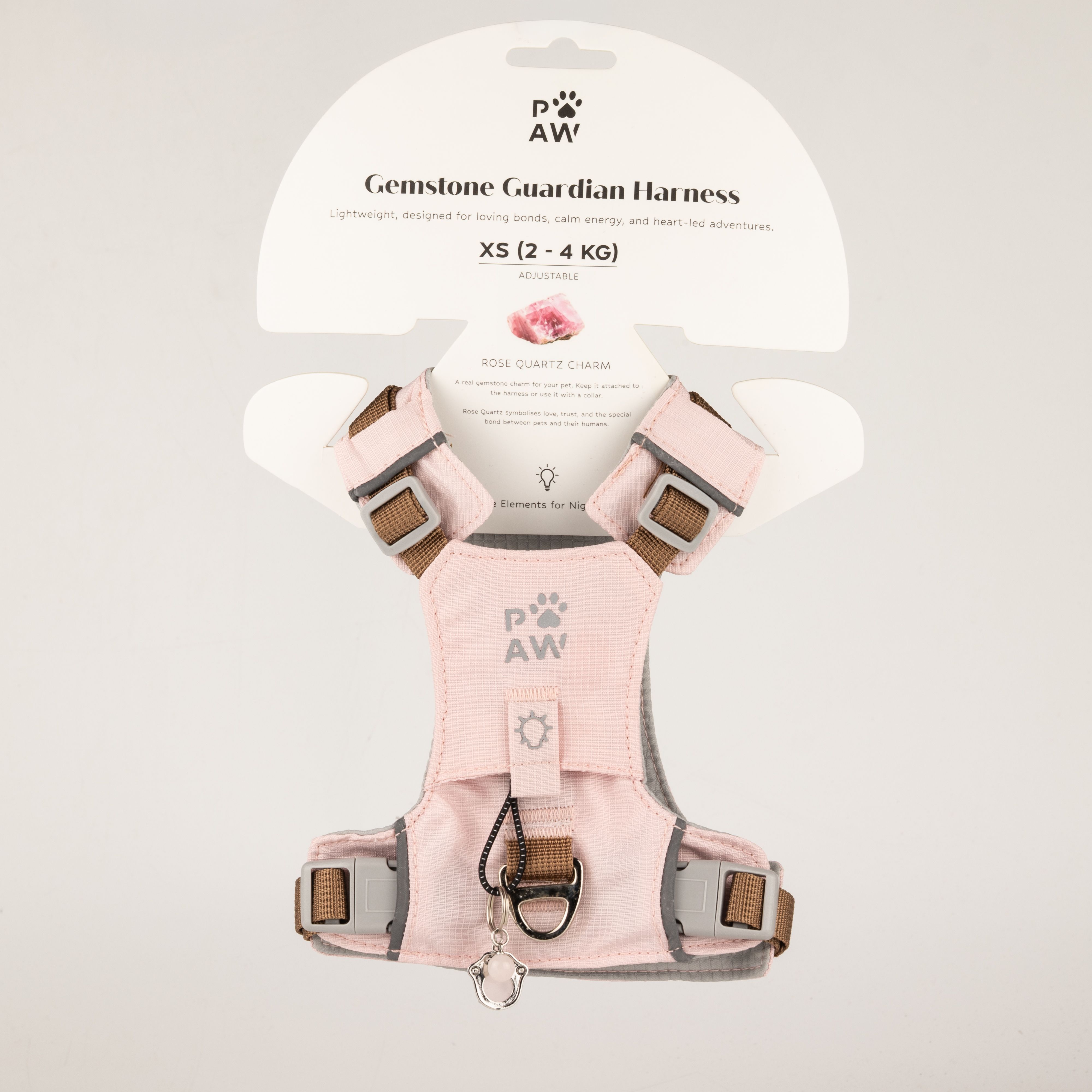 PAW - XS (2-4Kg) Dog Step-in Guardian Harness with Reflective Mesh - Soft Pink - Rose Quartz Charm