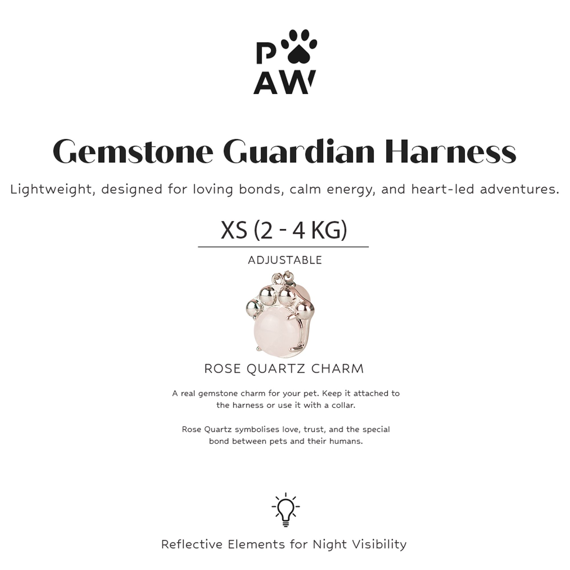 PAW - XS (2-4Kg) Dog Step-in Guardian Harness with Reflective Mesh - Soft Pink - Rose Quartz Charm
