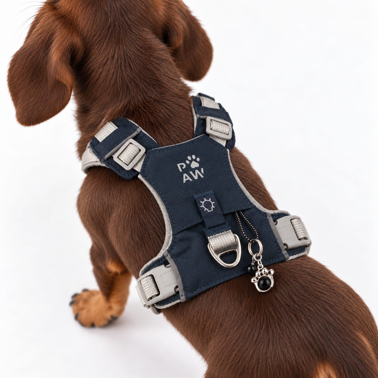 PAW - XS (2-4Kg) Dog Step-in Guardian Harness with Reflective Mesh - Rock Grey - Black Obsidian Charm