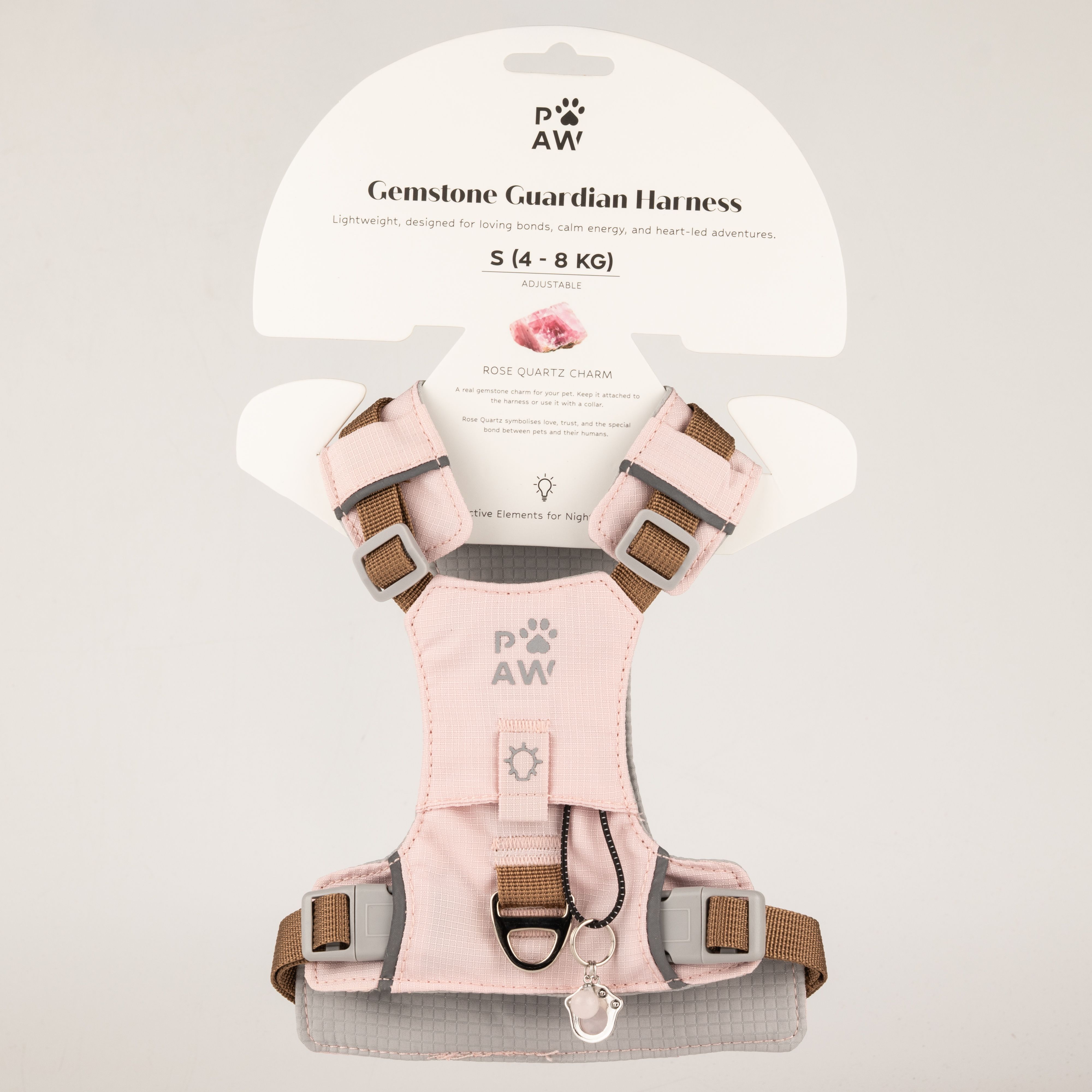 PAW - S (4-8Kg) Dog Step-in Guardian Harness with Reflective Mesh - Soft Pink - Rose Quartz Charm