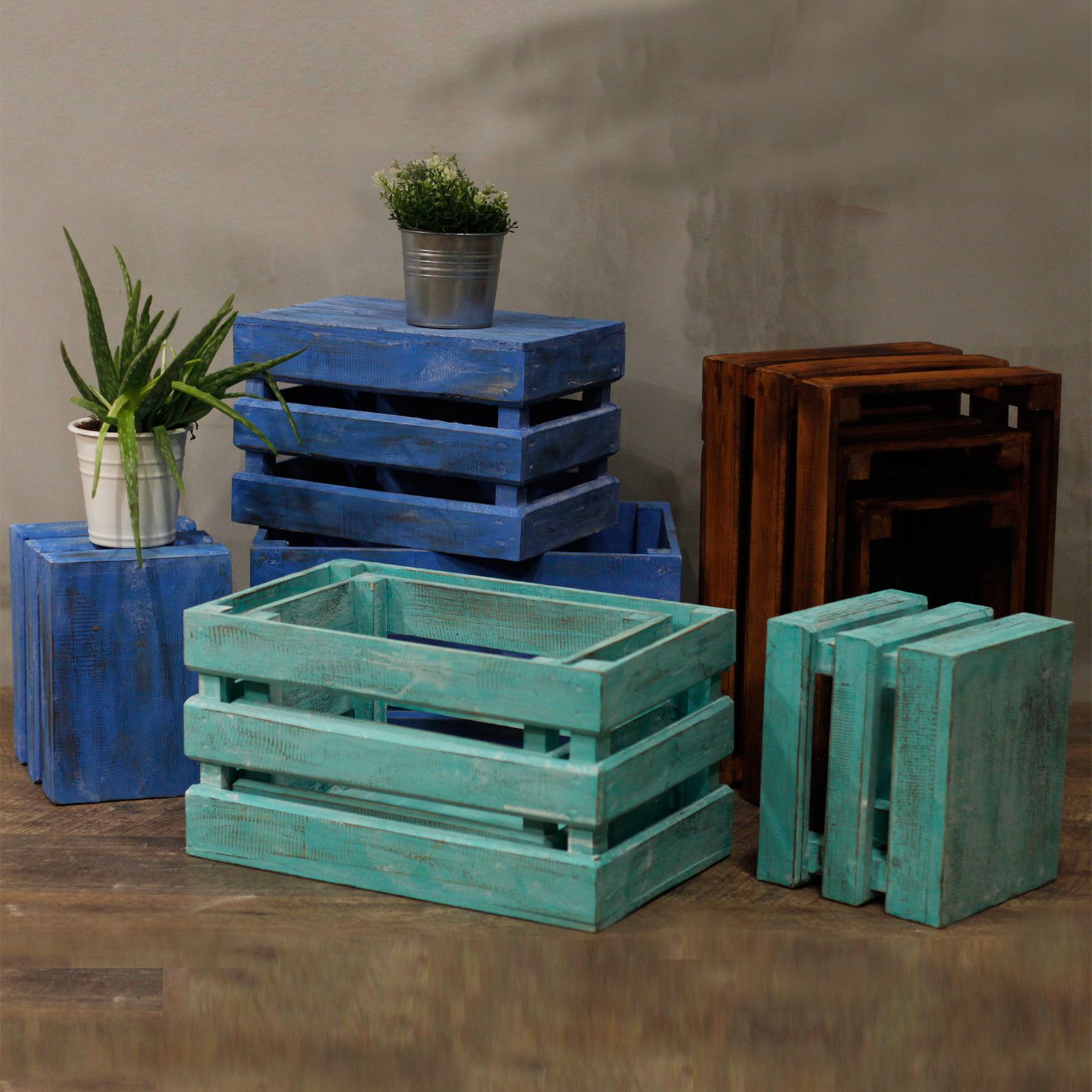 Wooden Storage Crates – Bluewash (Set of 3)
