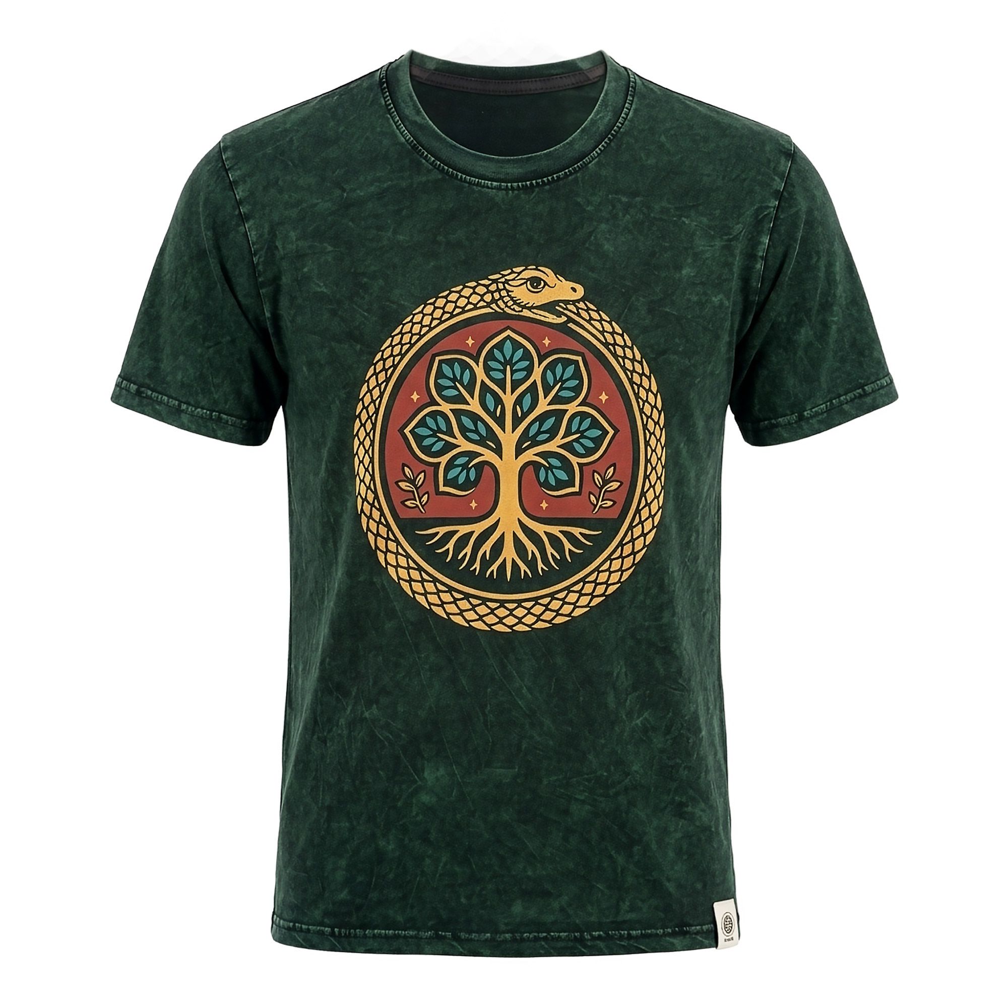 Nomad Sari Stonewashed Cotton T-Shirt - Tree of Life - Green - Medium