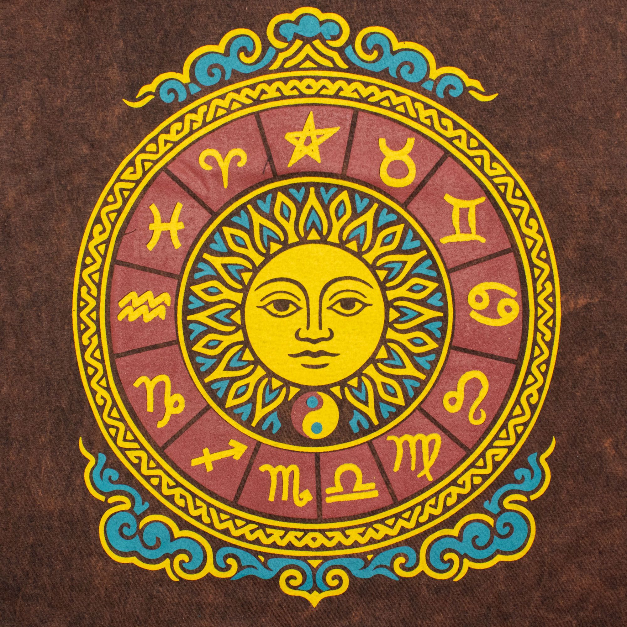 Nomad Sari Stonewashed Cotton T-Shirt - Sun & Zodiac - Brown - Small