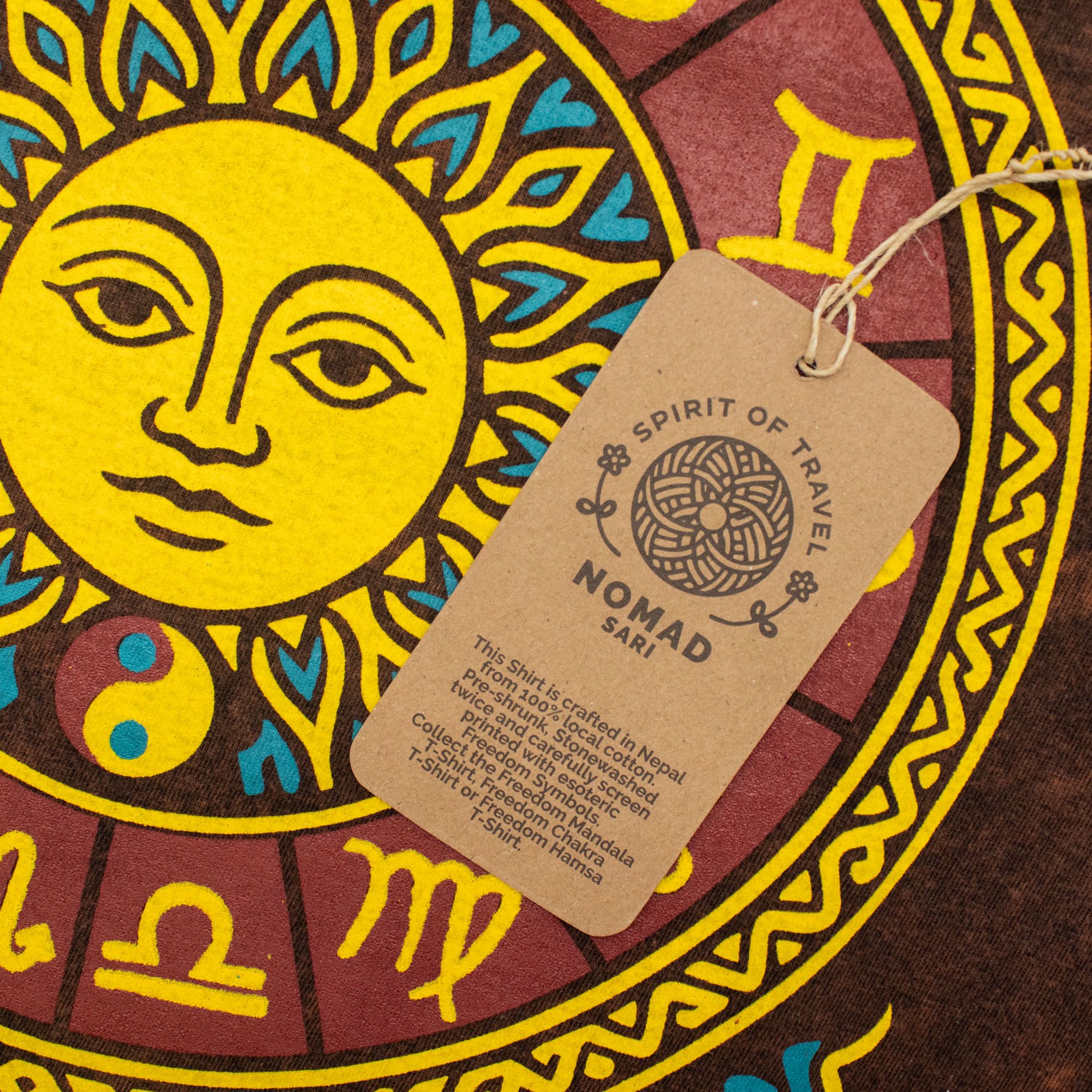 Nomad Sari Stonewashed Cotton T-Shirt - Sun & Zodiac - Brown - Small