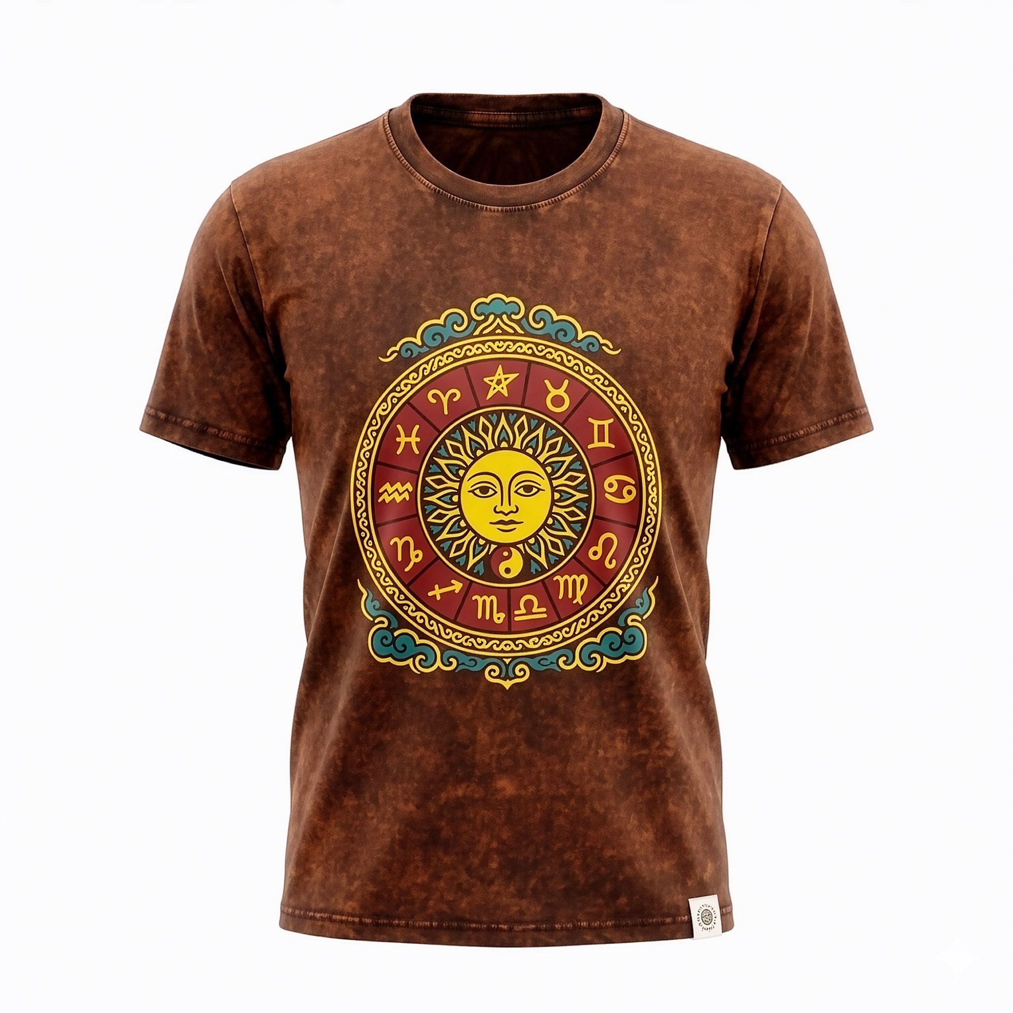 Nomad Sari Stonewashed Cotton T-Shirt - Sun & Zodiac - Brown - Small