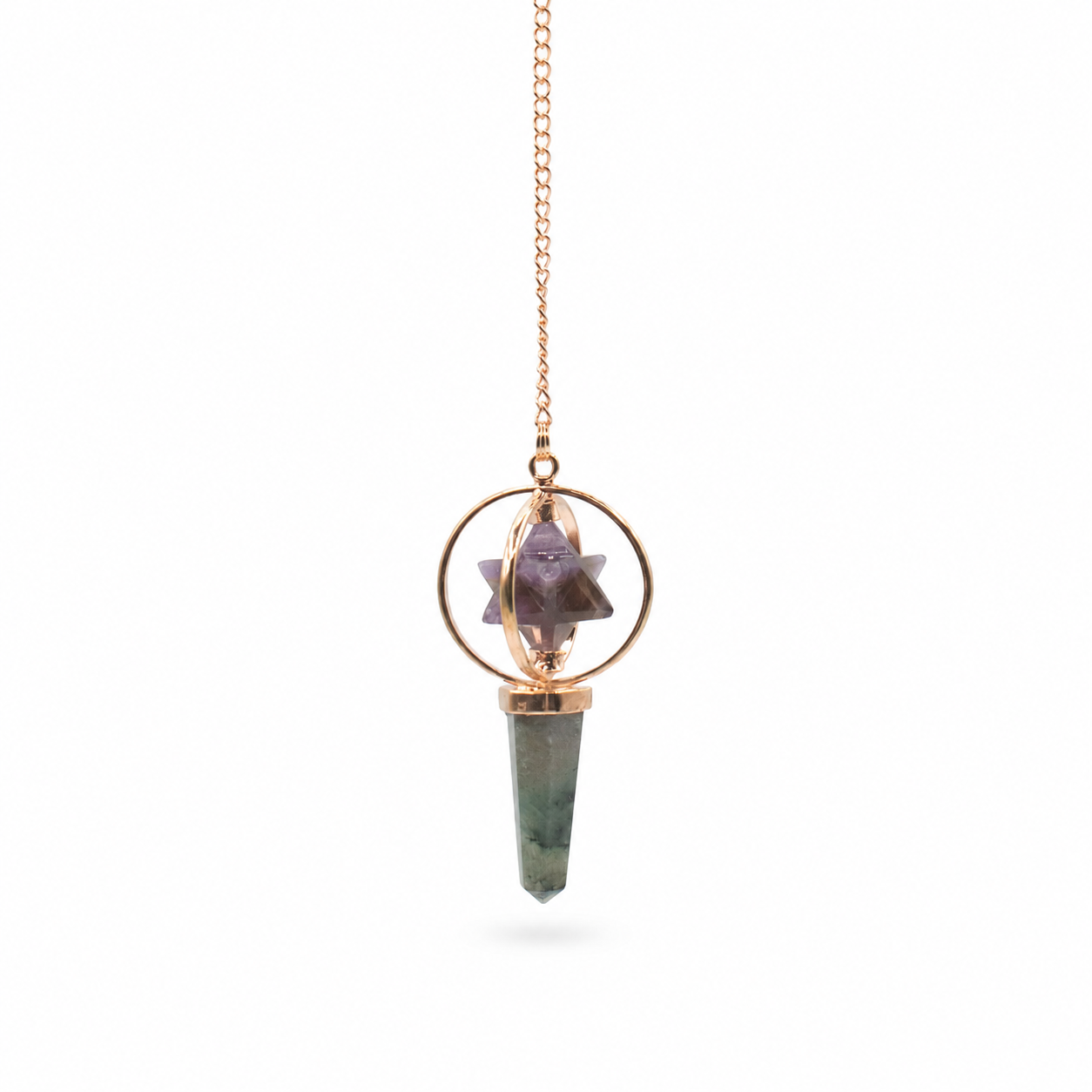 Cosmic Navigator- Two Piece Spinning Merkaba Star in Copper Pendulum -  Amethyst & Labradorite