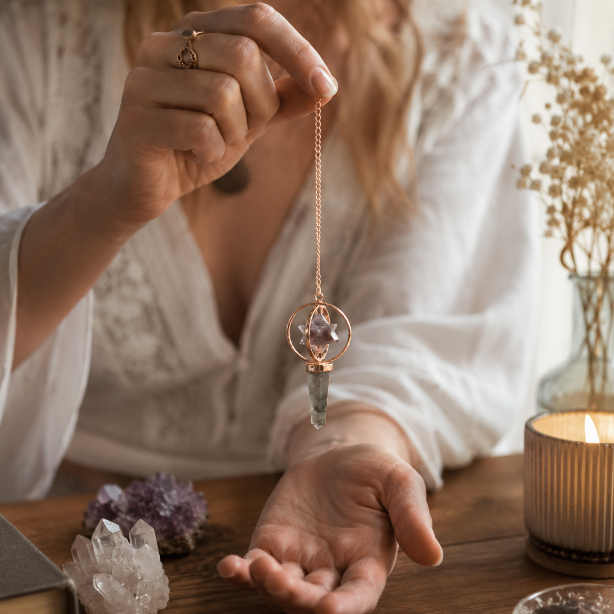 Cosmic Navigator- Two Piece Spinning Merkaba Star in Copper Pendulum -  Amethyst & Labradorite