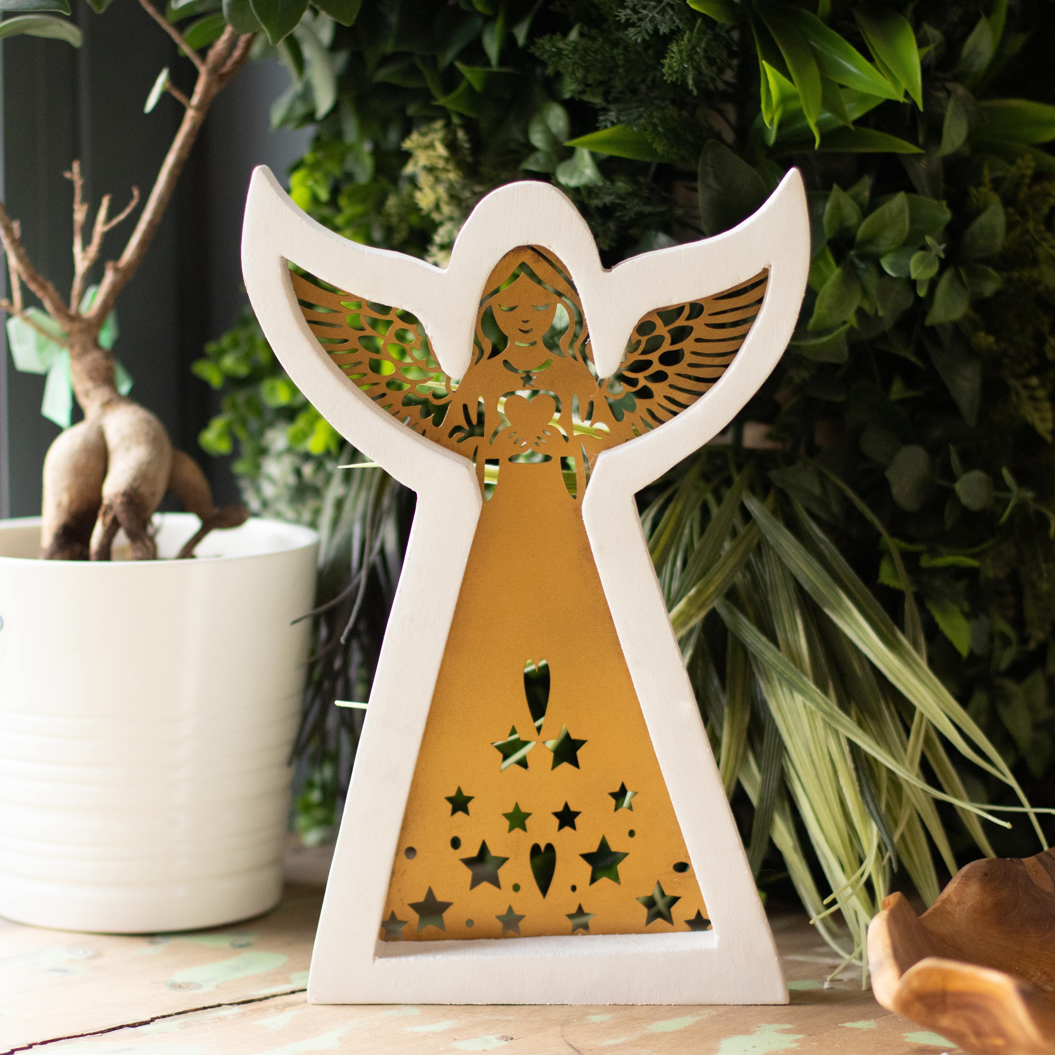 Mango Wood Angel - Whitewash with Iron Decor Cut Out - 22cm