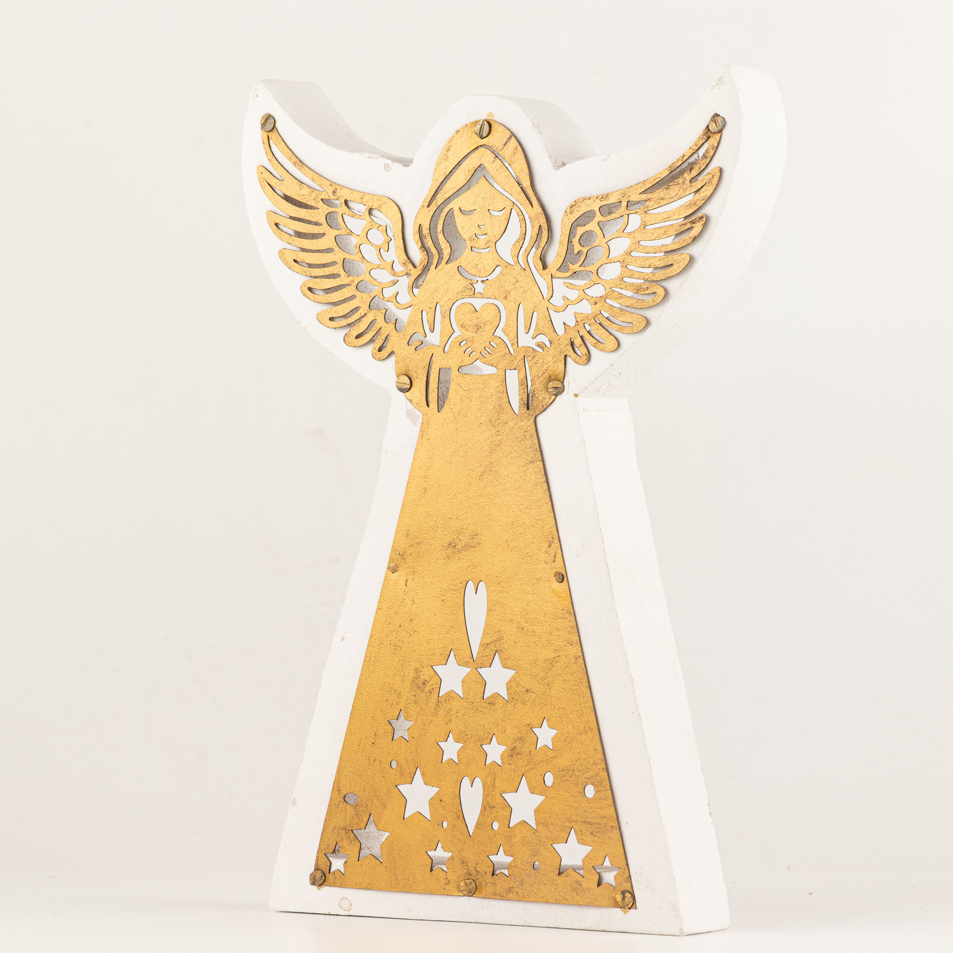 Mango Wood Angel - Whitewash with Iron Decor Cut Out - 22cm